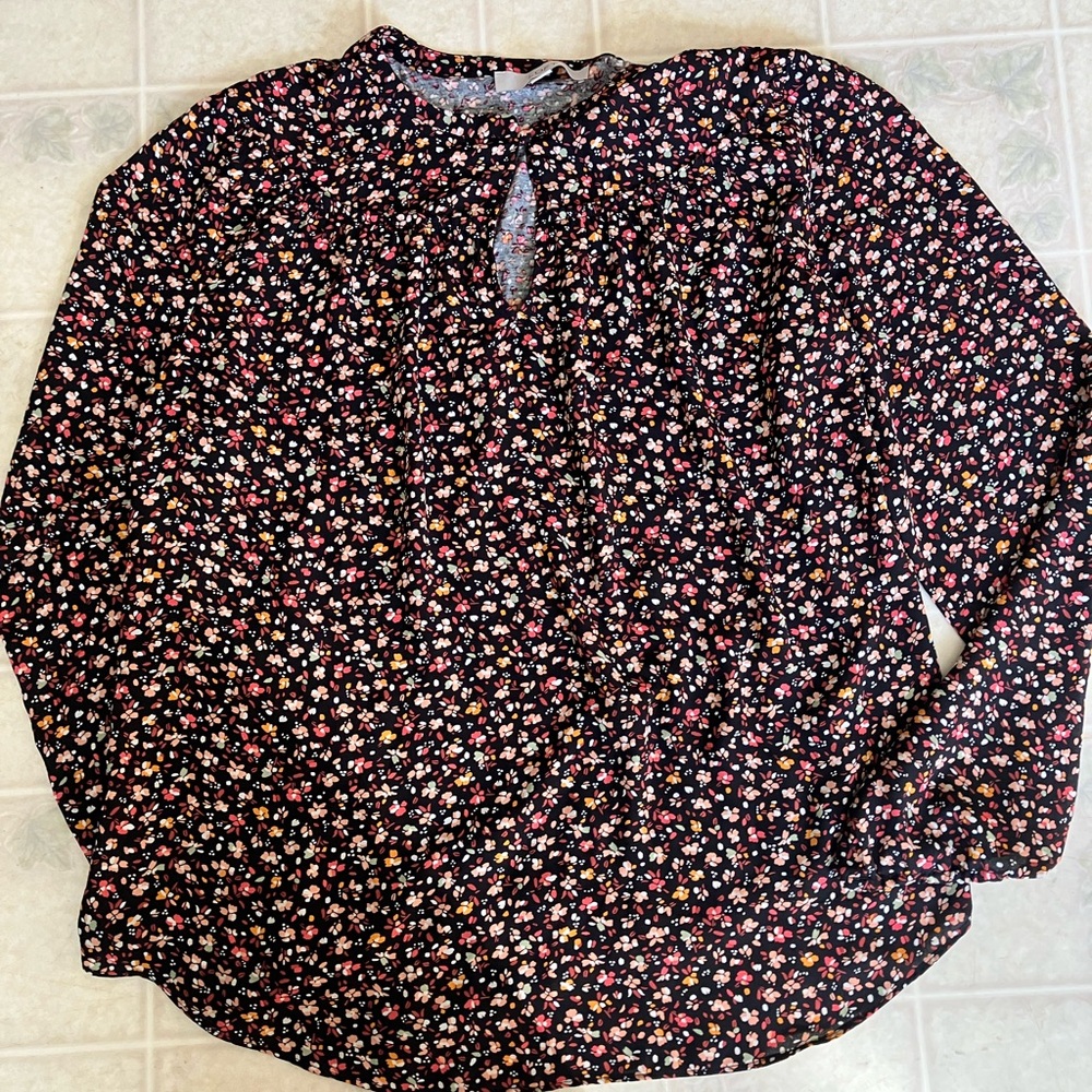 Loft black with peach coral floral print long sleeve blouse